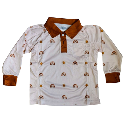 Sun Shirt RAINBOW Kid's Funny SPF 50+ Protection, long-sleeve, button-collar shirt for children, lightweight and breathable fabric with side panels, available in kids' sizes 0-16 with pocket variations.