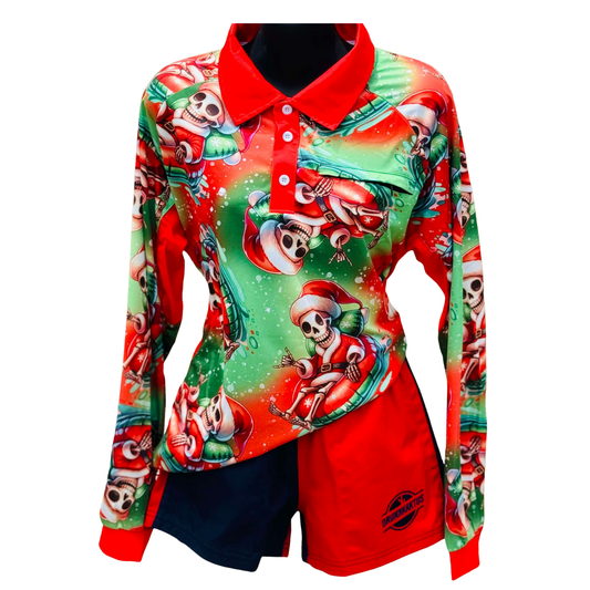 Men's Sun Shirt in SANTA SKELETON Men's SPF 50+ Top print, featuring a multi-colored floral and camouflage pattern, buttoned collar, zip pockets, SPF 50+ protection, and long sleeves for outdoor activities.