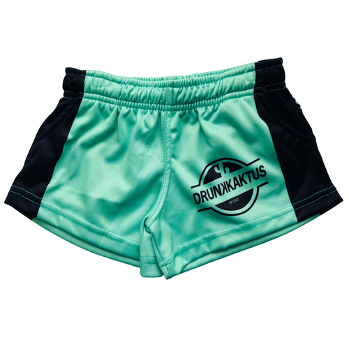 Turquoise shorts with black accents and 'Drunk kaktus' logo on a white background