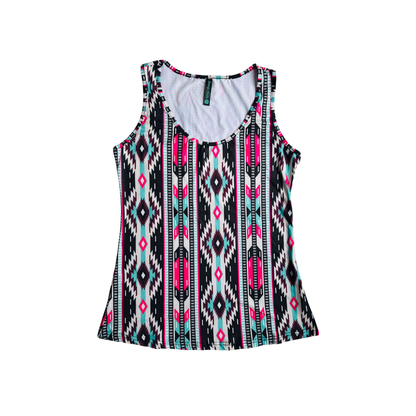Tank top with a colorful geometric pattern on a white background