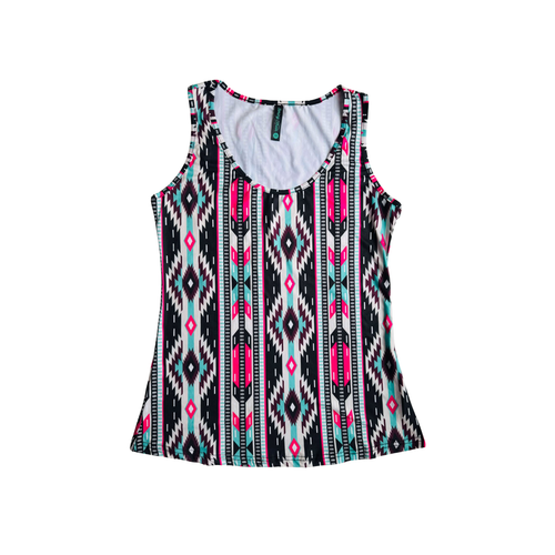 Tank top with a colorful geometric pattern on a white background