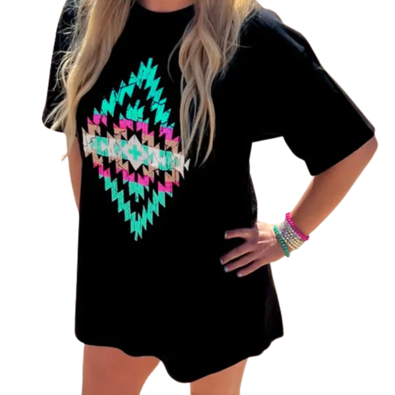 A woman wearing TURQUISE SANDS BOYFRIEND TSHIRT DRESS with turquoise, pink, and white geometric aztec pattern