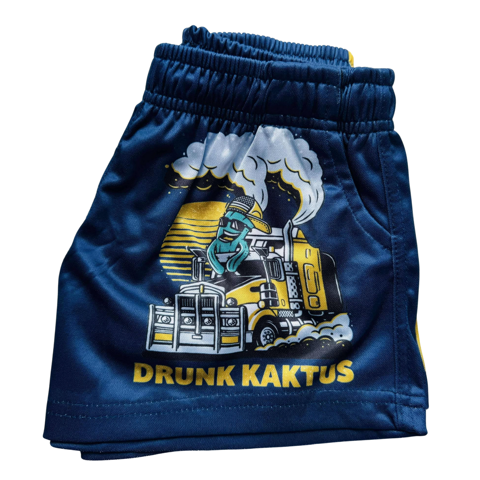 Side view of Kids Footy Shorts KARLOS, showing elastic waistband, drawstring, and deep pockets made from lightweight sublimated polyester fabric.