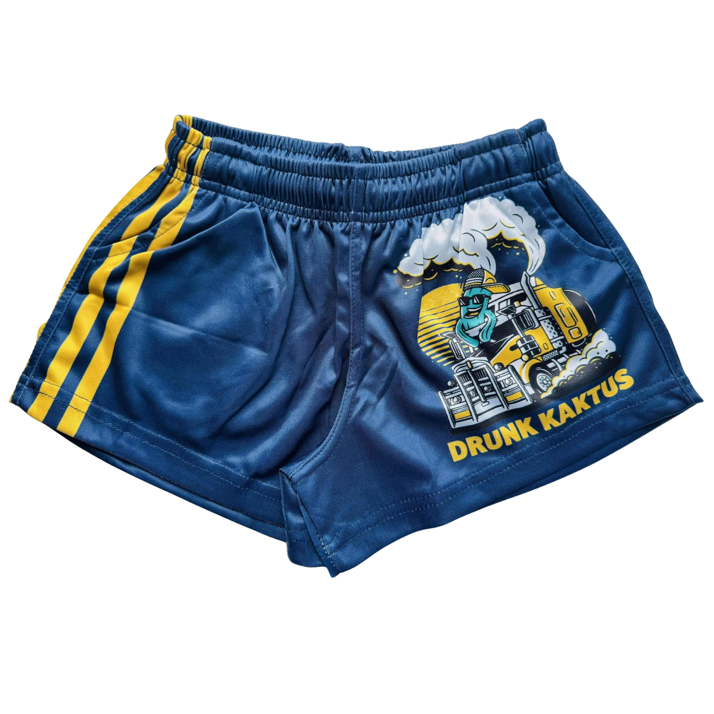 Close-up view of Kids Footy Shorts KARLOS, showing elastic waistband, drawstring, and deep pockets made from lightweight sublimated polyester fabric.