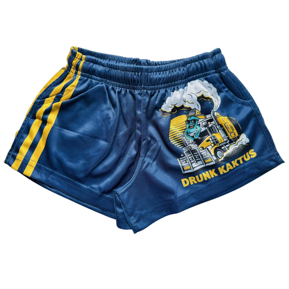 Close-up view of Kids Footy Shorts KARLOS, showing elastic waistband, drawstring, and deep pockets made from lightweight sublimated polyester fabric.