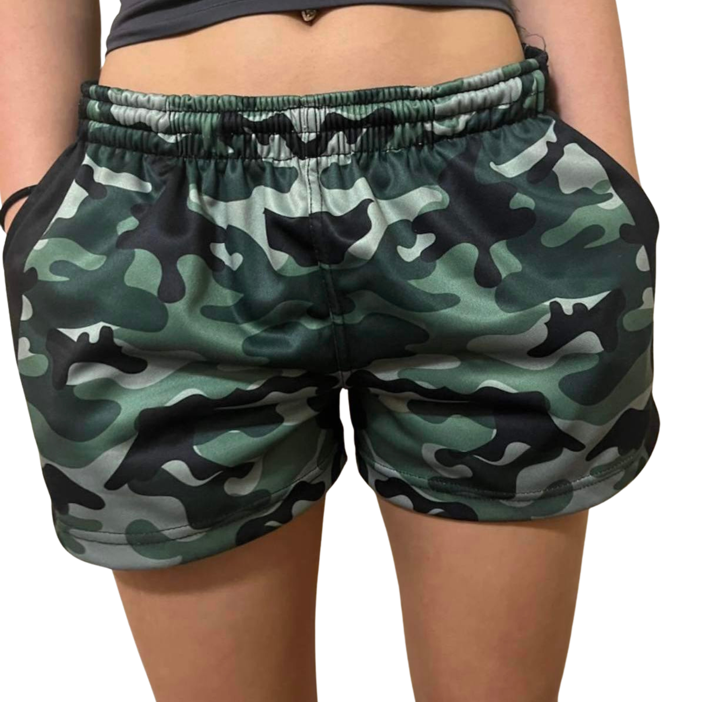 Kid's pair of FOOTY SHORTS - CAMMO WITH POCKETS with pockets and an elastic waistband