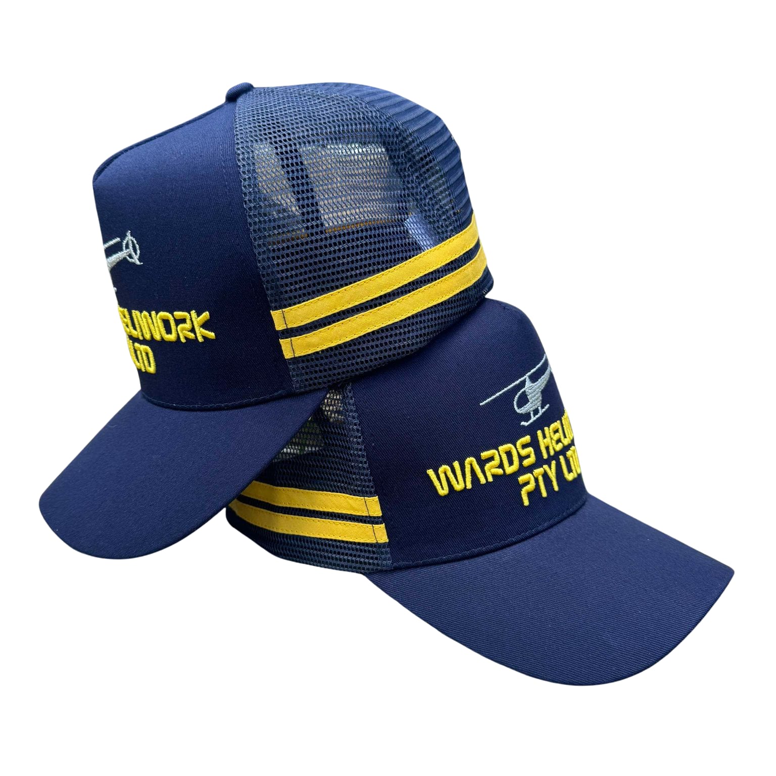 Two blue caps with yellow text and branding on a white background